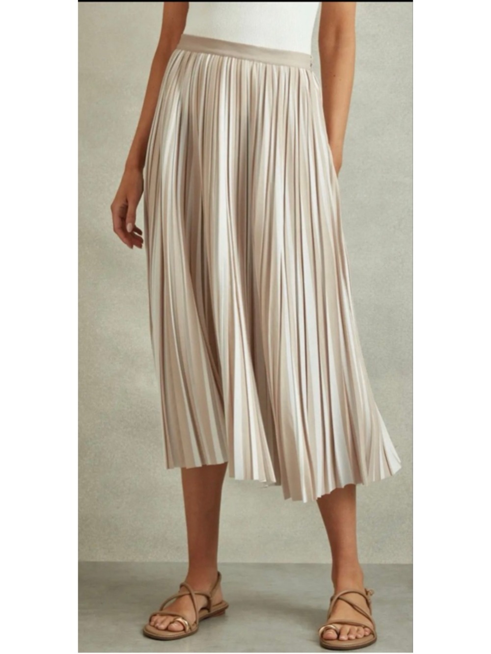 NWT REISS Lexie Striped Pleated Midi Skirt Size 12 Beige White - Picture 2 of 6